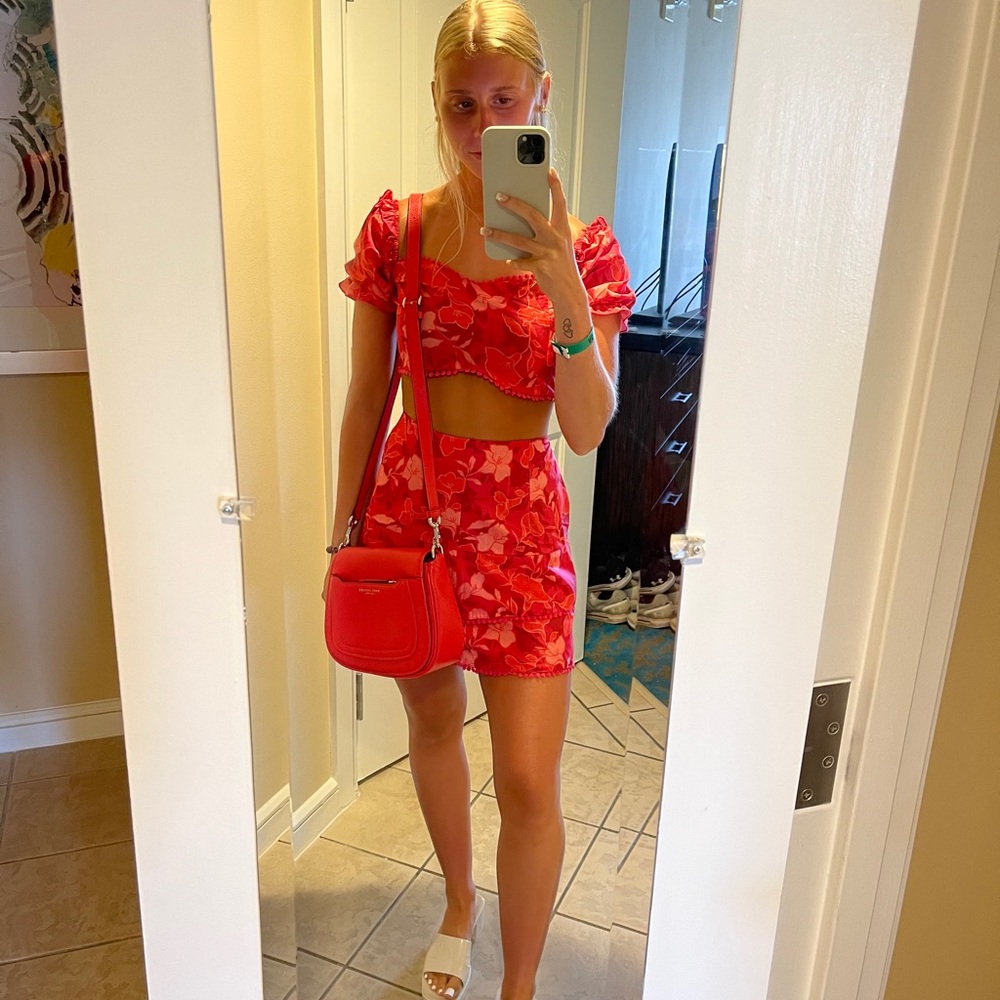 Red Floral Two-Piece Skirt Set - Women